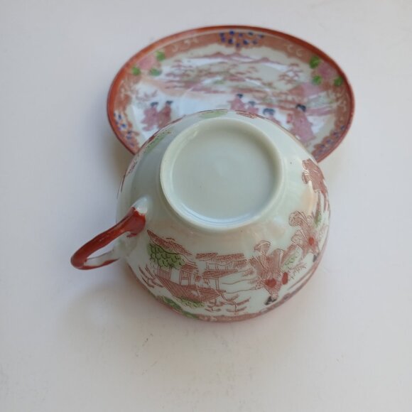 Antique Eggshell Thin Porcelain Hand-painted Geisha Japan 2 Cups with Saucers - Picture 10 of 16